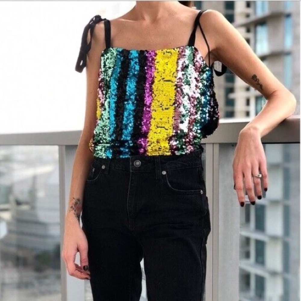 ‼️LAST CALL‼️ Zara - Striped Sequin Cropped Tie Tank - Size XS